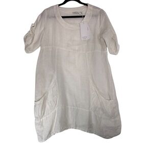 ASNA Italy White 100% Linen Tunic Dress PS Roll Tab Sleeve Pockets Made in Italy